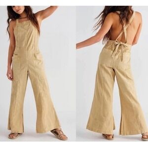 Free People Yellow Savannah Overalls S Wide Leg Cotton Slit Hem Boho Festival